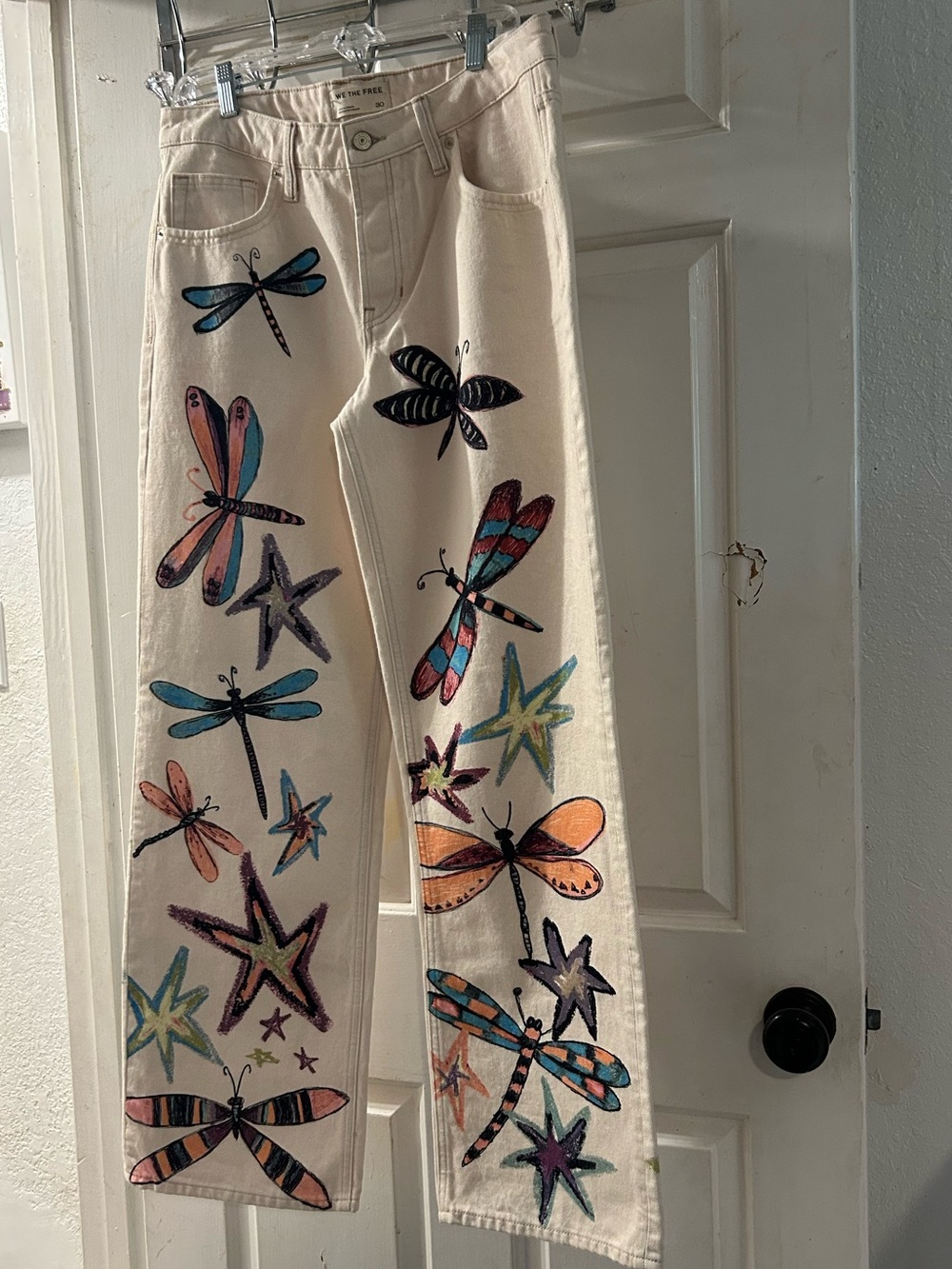 Free People Cream Wide-Leg Jeans with Multicolor Dragonflies - Picture 1 of 2